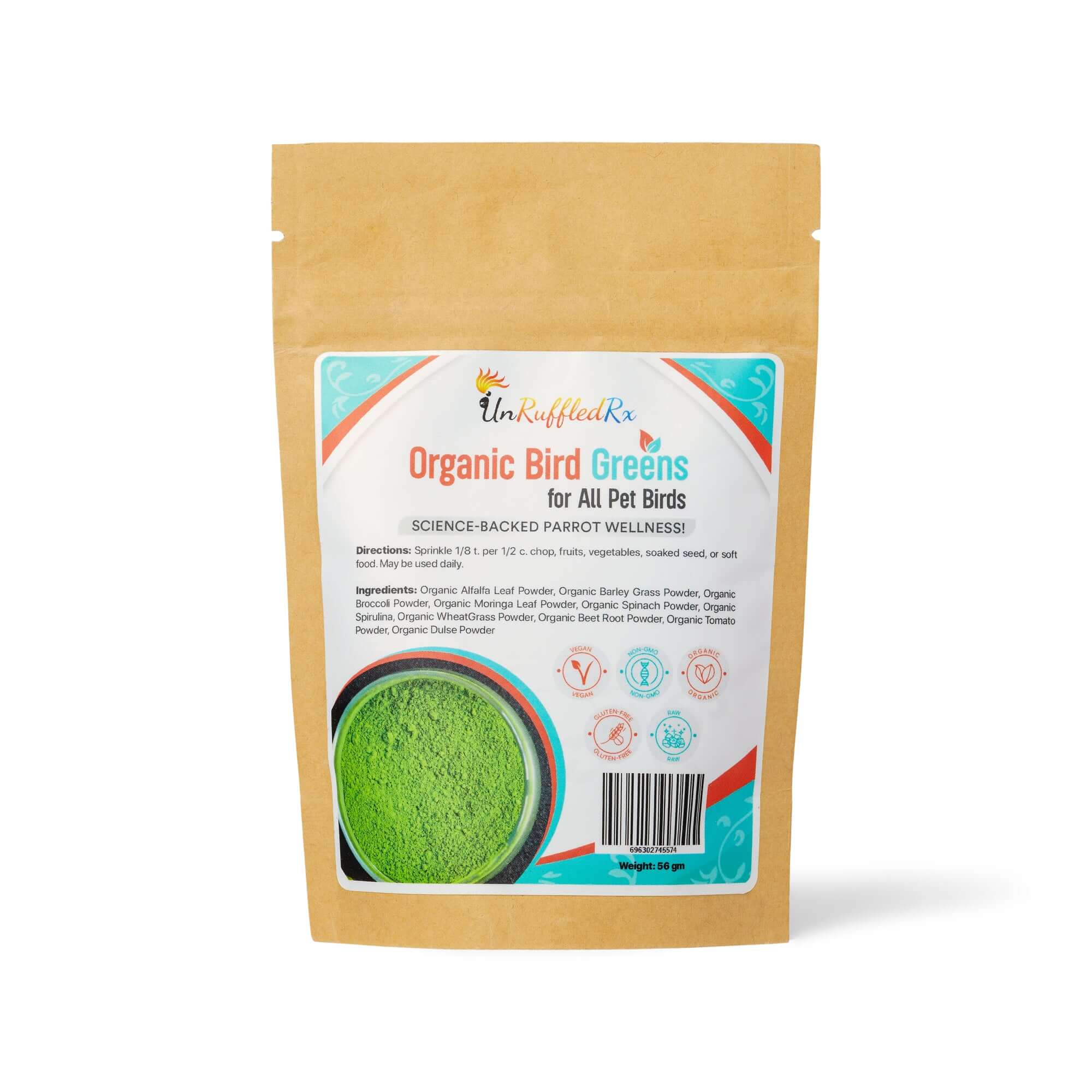 UnRuffledRx Organic Bird Greens – Superfood Chop Topper for Parrots, 2 oz