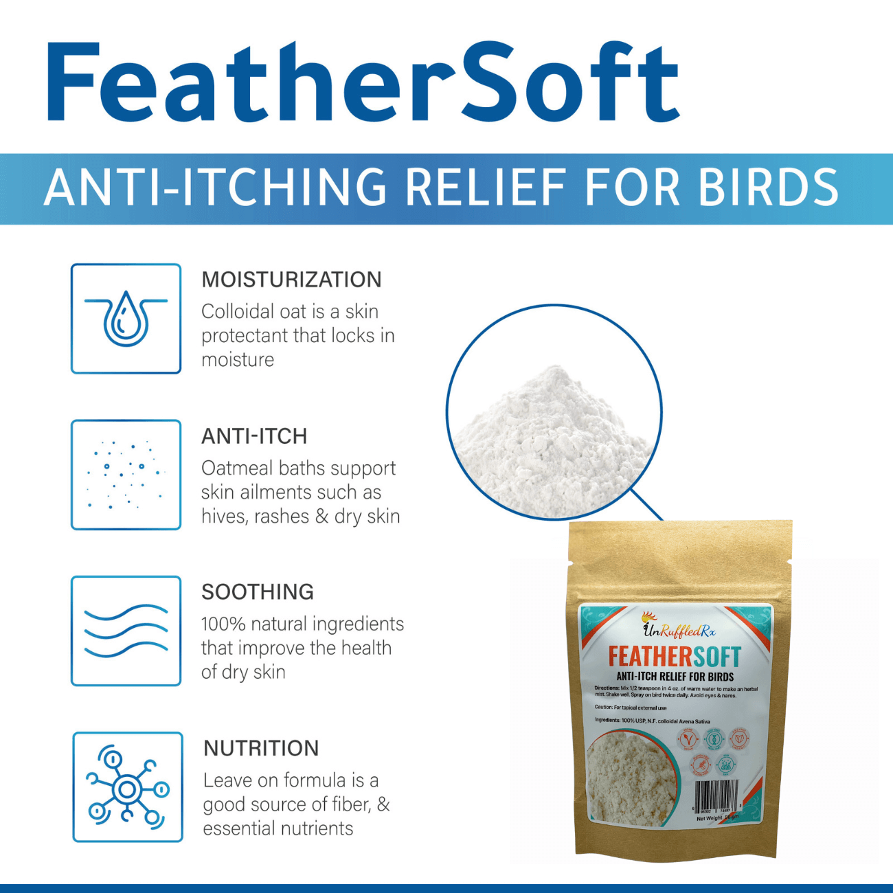 Avena sativa based powder for birds – natural soothing relief for dry, itchy skin