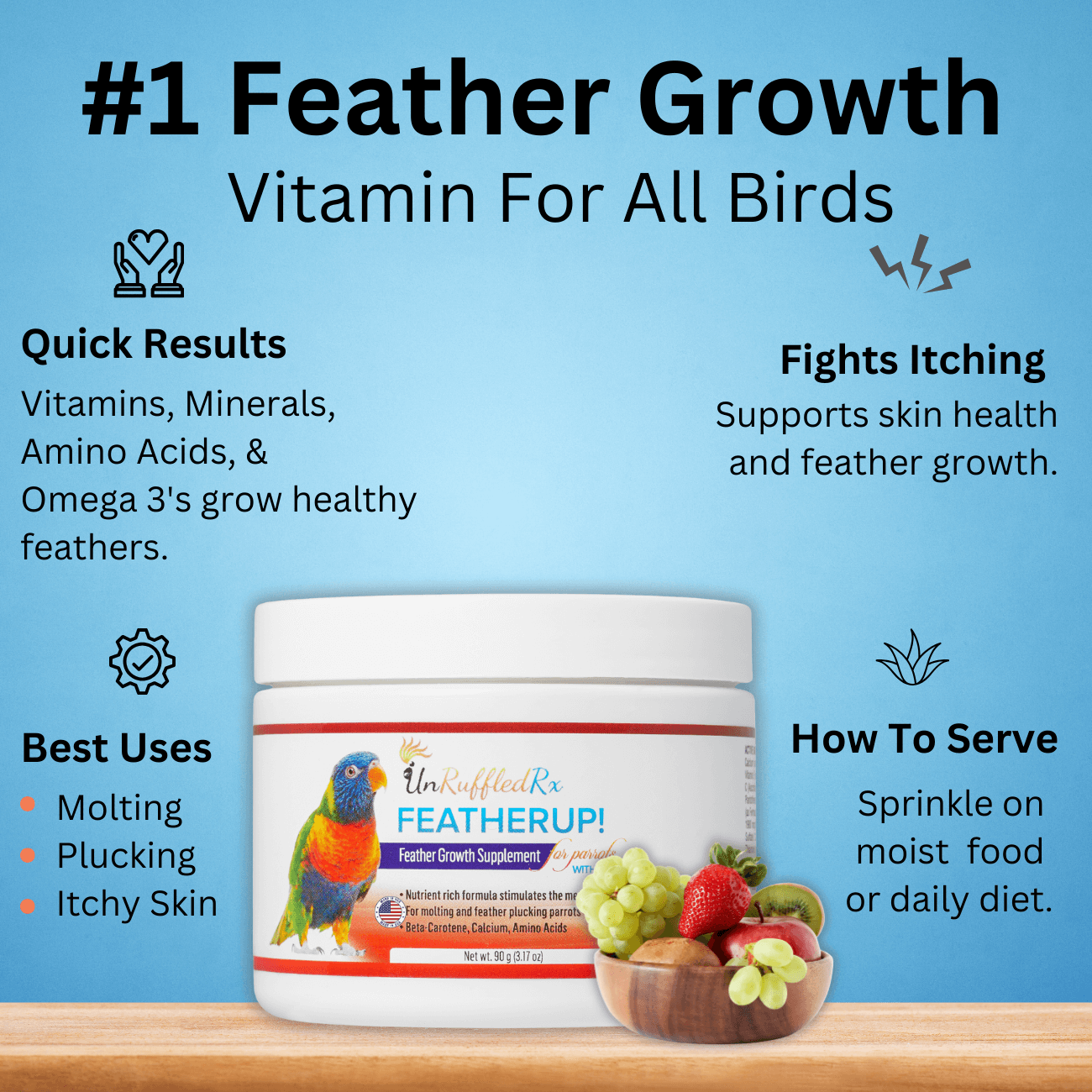 FeatherUp! bird multivitamin – supports molting, plucking, and feather regrowth