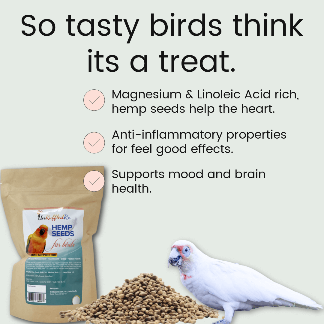 Natural hemp seeds for birds – available in two sizes for small and large flocks