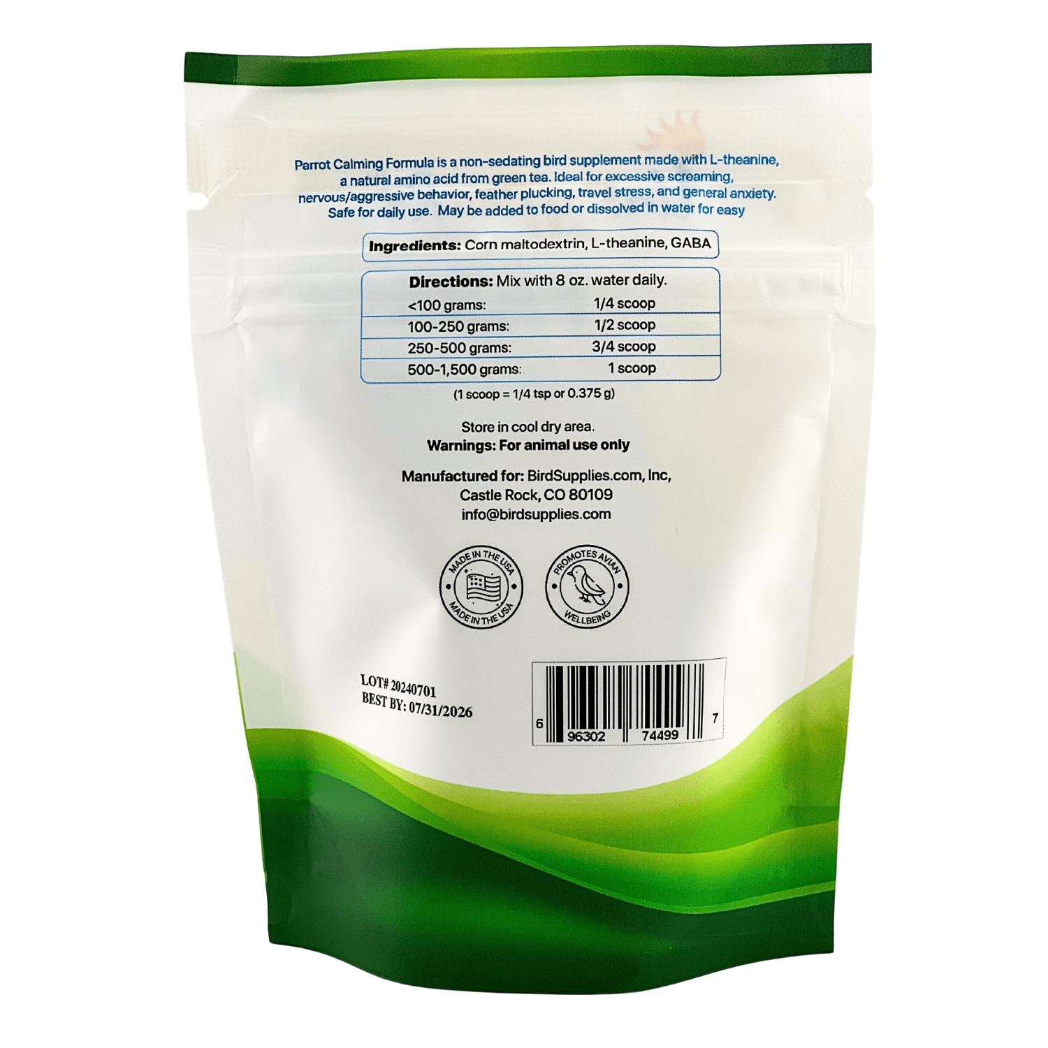Bird calming supplement – L-theanine and GABA for relaxation and reduced anxiety