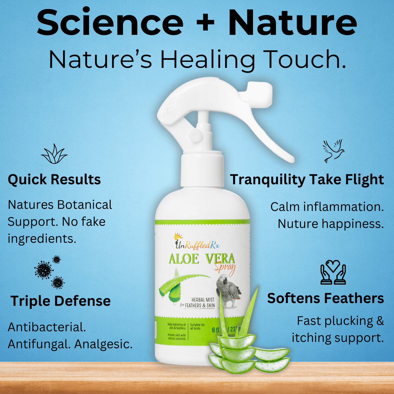 Bird skin and feather relief – moisturizing aloe spray, FeatherSoft, and red palm oil